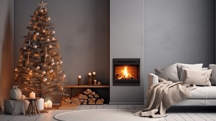 Burning fireplace with Christmas tree in living room interior, winter holidays background illustration. New Year at home.