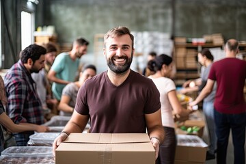 A diverse team of warehouse workers, both men and women, happily collaborate in shipping and distribution.