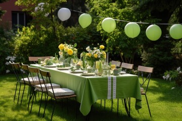 Obraz premium Elegant outdoor table setting for a festive dinner or wedding reception in a beautiful garden.