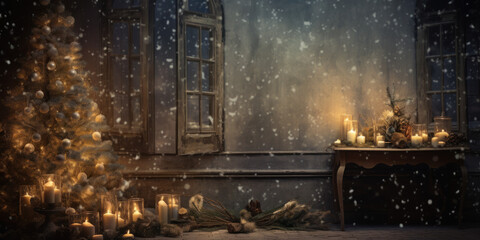 cozy Christmas interior with fireplace - obrazy, fototapety, plakaty