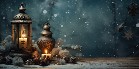 Christmas lantern on snowy table