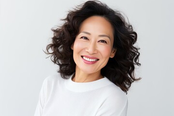 A cheerful and confident middle aged Asian woman with a beautiful smile showing her positive and joyful personality. - obrazy, fototapety, plakaty