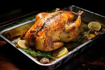 Fototapeta premium A delicious and golden fried chicken dish, perfectly cooked and seasoned with herbs and spices.