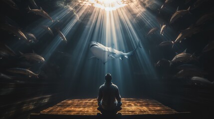 man man explores aquatic life in an aquarium. opposite silhouette concept - obrazy, fototapety, plakaty