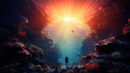 Fototapeta na wymiar scuba diver in the depths of the ocean with fish, shark, the sun breaks through the surface of the water with its rays.