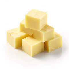 Cubes of yellow cheese stacked randomly on white.
