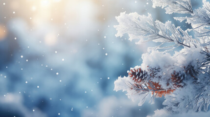 A tranquil wintry landscape with a frost adorned spruce branch - obrazy, fototapety, plakaty