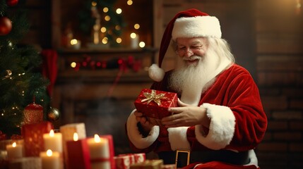 Smiling Santa is sitting in the living room, holding a gift box