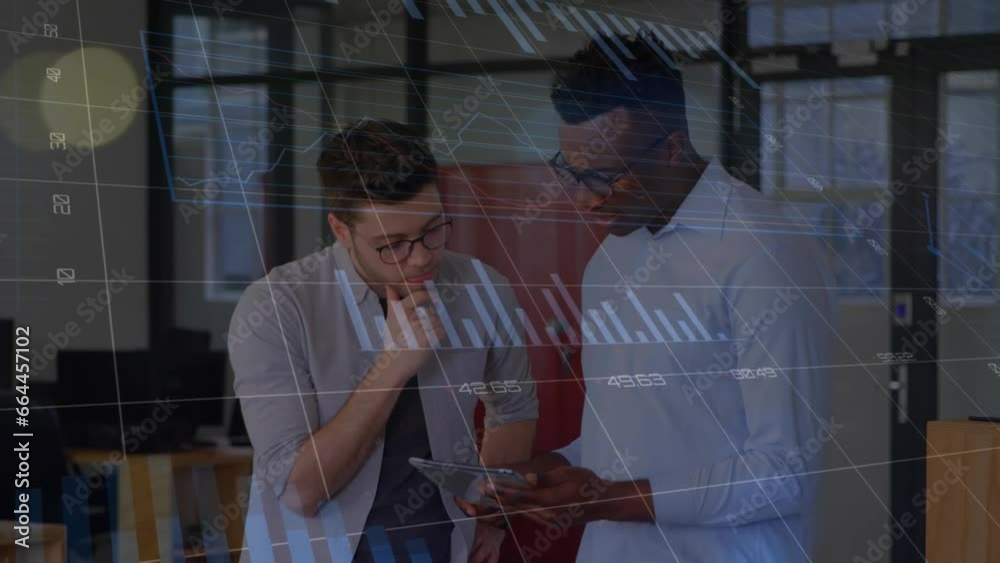 Poster Animation of statistical data processing against two diverse men discussing over a tablet at office