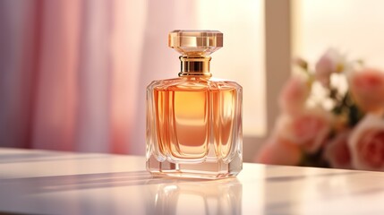 Obraz na płótnie Canvas glass bottles of perfume, aroma, eau de toilette, on a beige background.