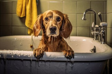 A cute funny domestic dog having a bubble bath. Dog after bath. Grooming concept. Pets care. 