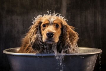 A cute funny domestic dog having a bubble bath. Dog after bath. Grooming concept. Pets care. 