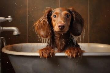 A cute funny domestic dog having a bubble bath. Dog after bath. Grooming concept. Pets care. 