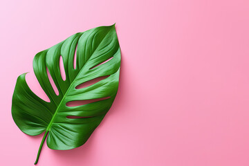 Green tropical leaf on a pink background with copy space