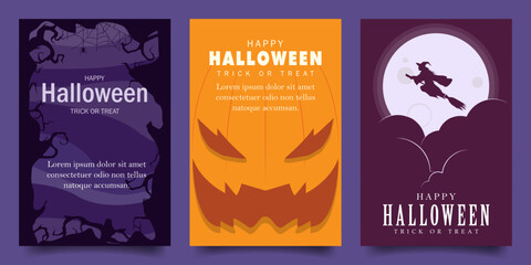happy halloween vector design illustration background with scary frame forest, pumpkin and witch on moon theme design. for banner, poster, social media, promotion