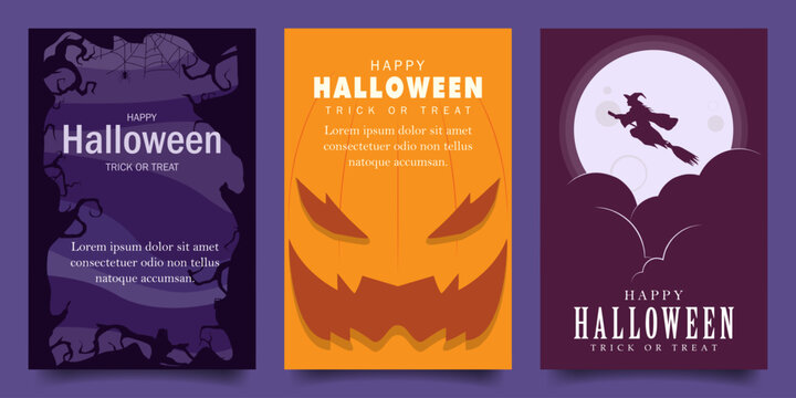 happy halloween vector design illustration background with scary frame forest, pumpkin and witch on moon theme design. for banner, poster, social media, promotion