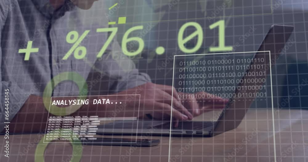 Poster animation of interface with data processing against mid section of a man using laptop at office