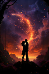 Beautiful man and women kissing on a top of mountain underthe full moon surrounded. AI generative