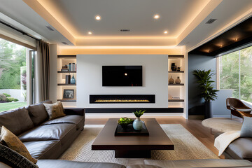 The living room's clever utilization of recessed lighting and track lighting fixtures not only adds a contemporary touch but also provides a well-lit. Generative AI