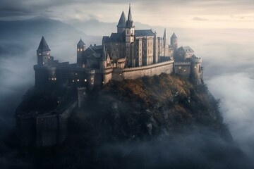 Enchanting fortress engulfed in fog, captivating artwork, atmospheric historical setting. Generative AI
