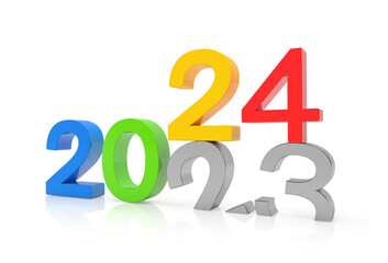 3d render of the numbers 2024 and 23 in colorful over white reflecting background. The number 24 falls on the number 23 and breaks in it in the ground.