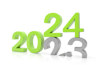 3d render of the numbers 2024 and 23 in green and silver over white reflecting background. The number 24 falls on the number 23 and breaks in it in the ground.