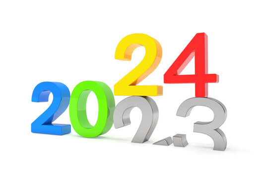 3d render of the numbers 2024 and 23 in colorful over white background. The number 24 falls on the number 23 and breaks in it in the ground.