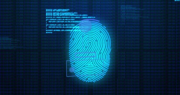 Animation of video game controller icons over biometric fingerprint scanner and data processing