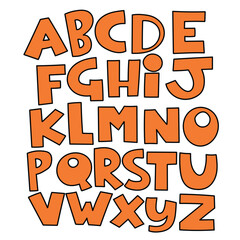 A hand-drawn cartoon English alphabet in orange isolated on a white background. The concept of education. Flat design. Vector illustration