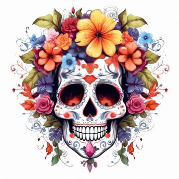 Woman sugar skull with beautiful colored flowers on white background.