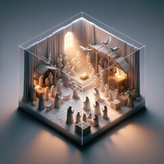 Christmas nativity scene in a cube. Isometric view