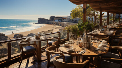 A seaside restaurant with panoramic ocean views, where diners savor fresh seafood while waves gently crash against the shore