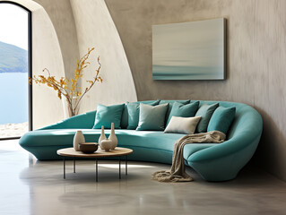 A mid-century Scandinavian modern living room features a teal curved sofa against a concrete wall.