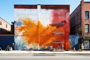 Colorful graffiti on a wall with splashes of red, orange and blue paint 