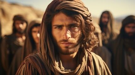 Biblical character. Bearded man with long brown hair looking at camera. Closeup portrait. - obrazy, fototapety, plakaty