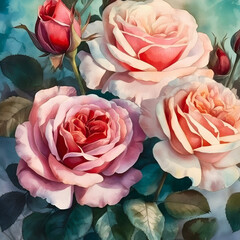 Elegant watercolor roses bouquet illustration wallpaper. Generative ai