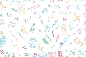 Seamless pattern of school doodle icons. School education. Back to school doodle drawing. Vector illustration. Vector illustration