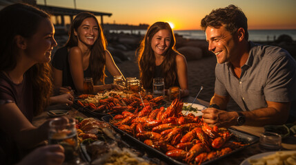 A lively seafood boil on a beach at sunset, where friends and family gather to enjoy the flavors of the sea while sharing stories and laughter