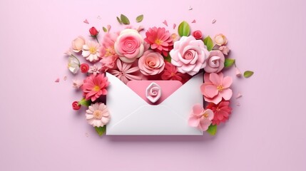 Various flowers are packed within a pink envelope. Lay flat. Love as an idea.