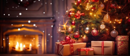 Fototapeta na wymiar Christmas Home Room, Gift Box Below Tree With Lights And Fireplace.