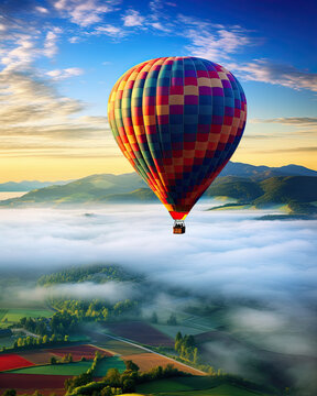 a colorful hot air balloon gently floating over a picturesque countryside during the early morning, with mist rising from the fields, aspect ratio 4:5
