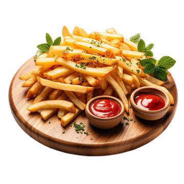 French fries on a wooden plate on a white transparent background