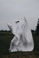 Fototapeta na wymiar Creative Halloween costume for an adult. A ghost of a white sheet with black sunglasses dancing in an autumn field. Trick or treat concept