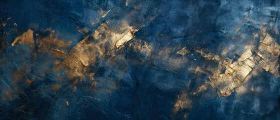 Blue, navy textured background with golden shimmer. Grunge, abstract concrete background. Decorative stucco, painting. Generative ai.