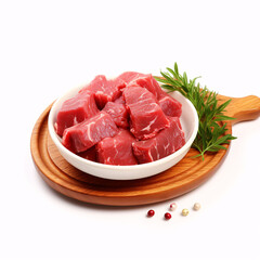 Fresh raw beef in ceramic plate isolated on white
