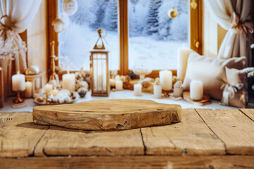 Wooden desk of free space and winter window background. Christmas time and cold winter day. Empty space for your products. 