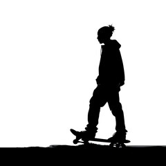 Black silhouette of a boy performing skateboard tricks on the street