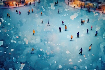 People skating on ice rink, winter sport concept. Aerial view. Abstract background Ice Skating: Seasonal ice rinks set up in many cities for winter enjoyment. - obrazy, fototapety, plakaty