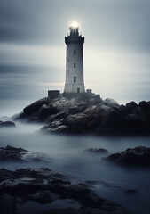 Obraz premium Solitary Lighthouse on Isle at Dawn: Ethereal Beauty & Balance - Radiant Sky, Reflective Water & Touch of Life with Silhouette - Lighthouse Guiding Through Ethereal Twilight.