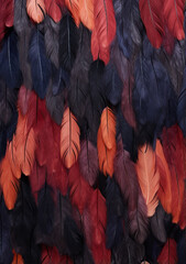 Dense Collection of Overlapping Feathers Showcasing Rich Hues & Intricate Details - Fashion & Design Concepts - Dark Blue, Vibrant Red & Shades of Orange - Elegance in Nature’s Design & Texture.